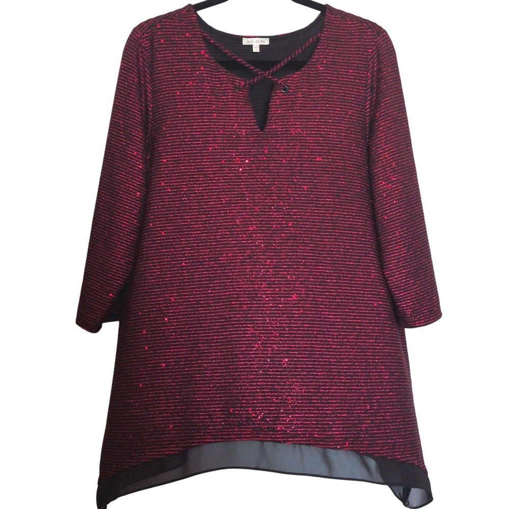 Ava James Tunic Top Women 1X Red Black Metallic Stripe Keyhole Handkerchief Hem